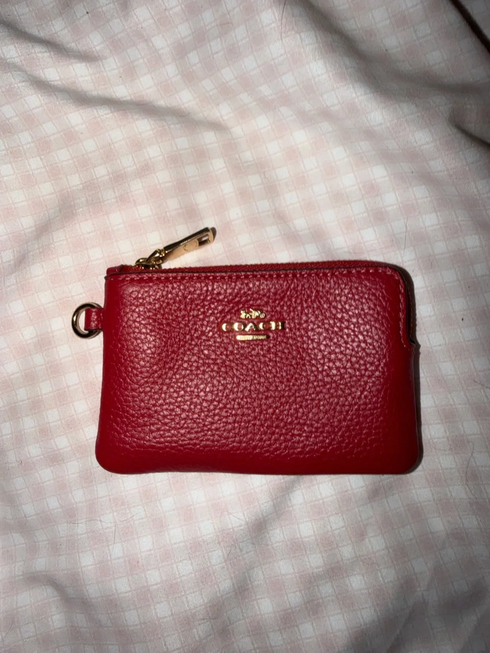 Coach Red Pebbled Leather Zip Card Holder with Keyring